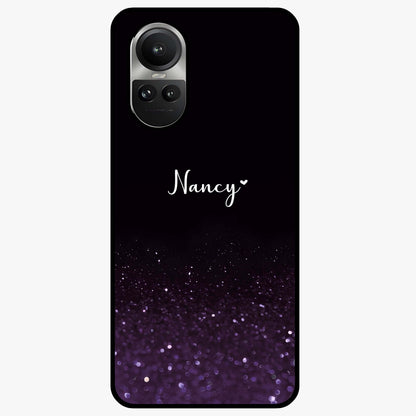 Glittery Purple Bokeh Custom Name Glass Case showing flat back view with purple bokeh sparkle artwork and personalized name design.