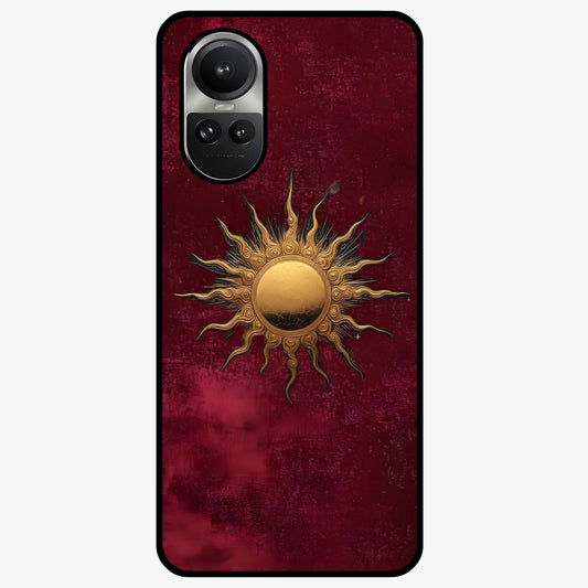 Gold Sun Blush Glass Case showing flat back view with golden sun inspired artwork and glossy glass finish.