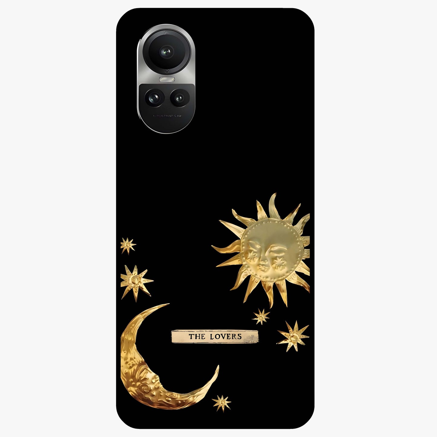 Golden Celestial Charm Glass Case showing flat back view with golden celestial charm artwork and glossy glass finish.