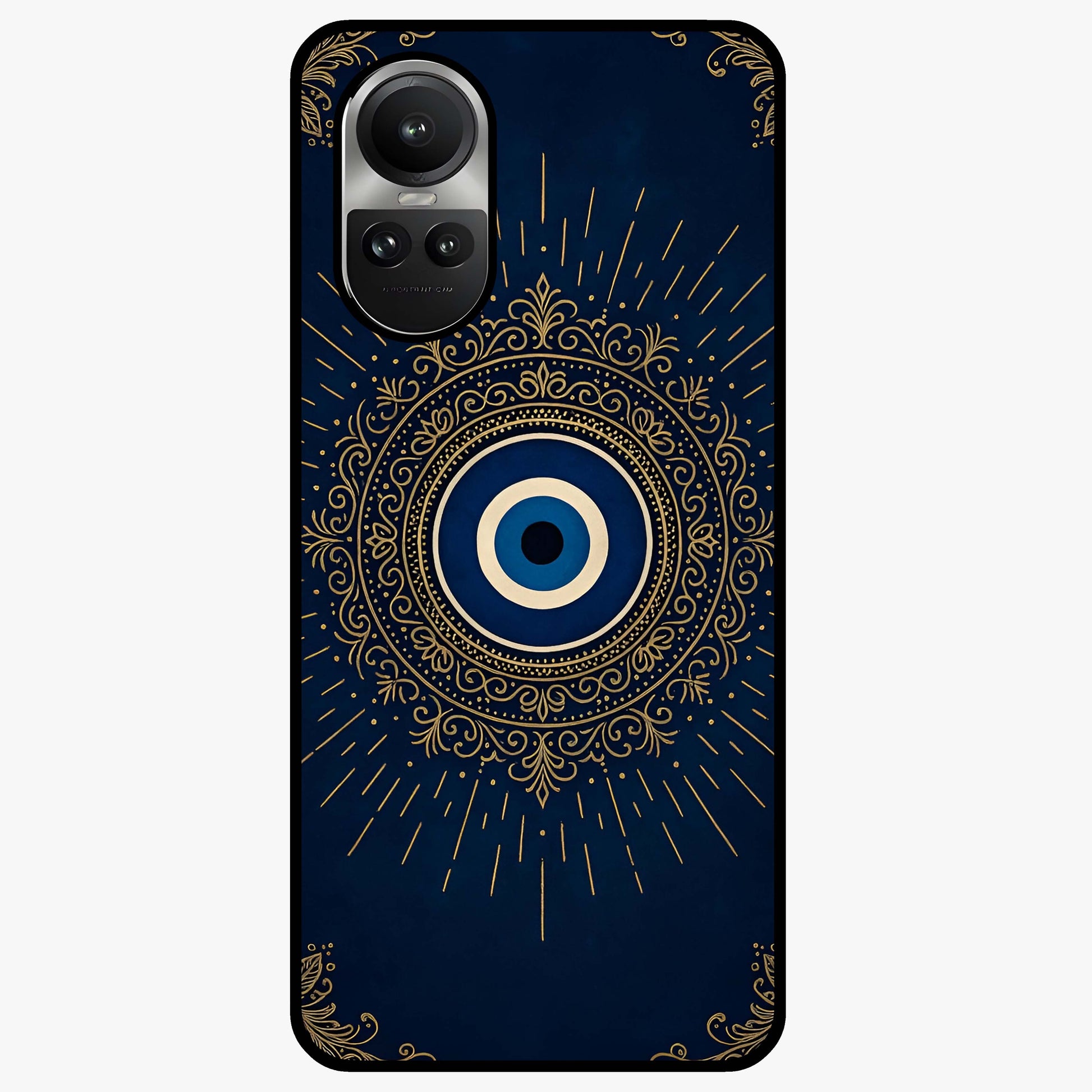 Golden Evil Eye Mandala Glass Case showing flat back view with intricate evil eye mandala artwork and glossy glass finish.