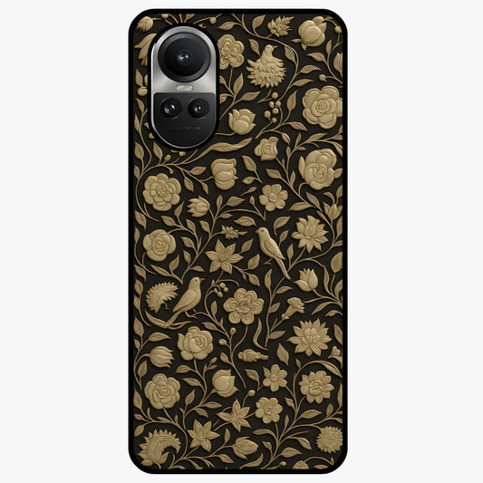 Golden Floral Majesty Glass Case showing flat back view with luxurious golden floral artwork and glossy glass finish.