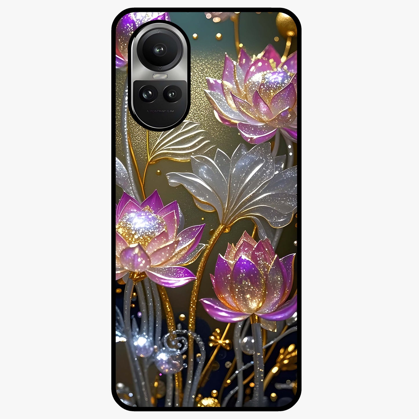 Golden Lotus Glow Glass Case showing flat back view with glowing lotus flower artwork and glossy glass finish.