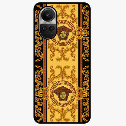 Golden Royal Heritage Glass Case showing flat back view with ornate royal pattern artwork and glossy glass finish.