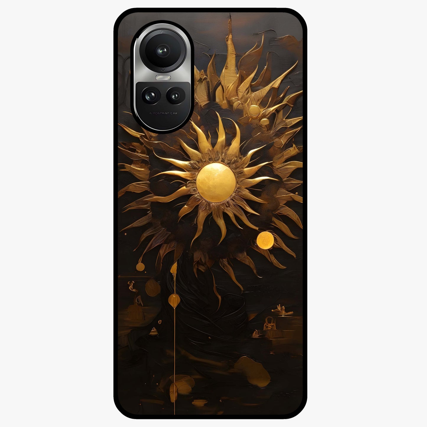 Golden Sun Majesty Glass Case showing flat back view with radiant golden sun artwork and glossy glass finish.