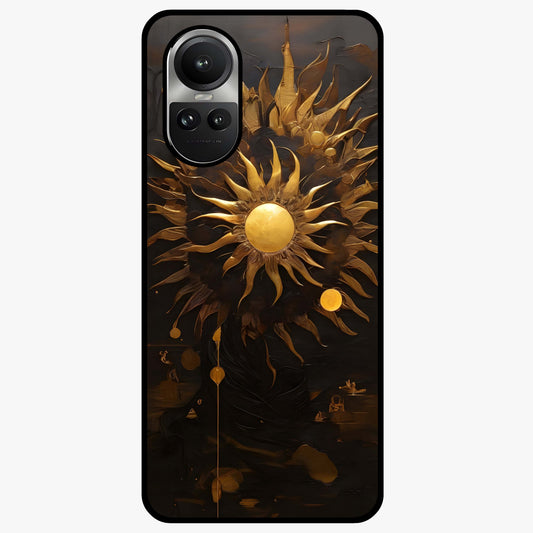 Golden Sun Majesty Glass Case showing flat back view with radiant golden sun artwork and glossy glass finish.