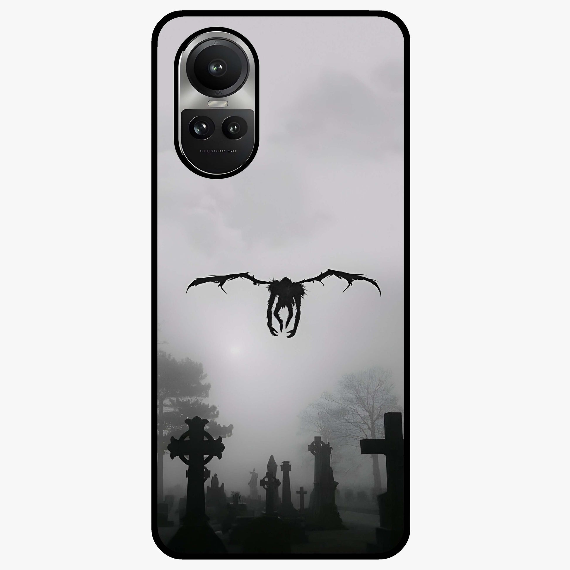 Graveyard Shadow Descent Glass Case showing flat back view with dark graveyard themed artwork and glossy glass finish.