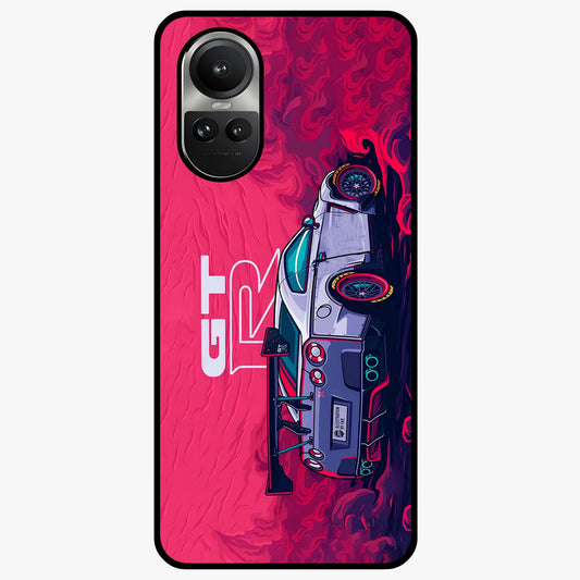 GT-R Car Pattern Glass Case showing flat back view with sporty car inspired pattern artwork and glossy glass finish.