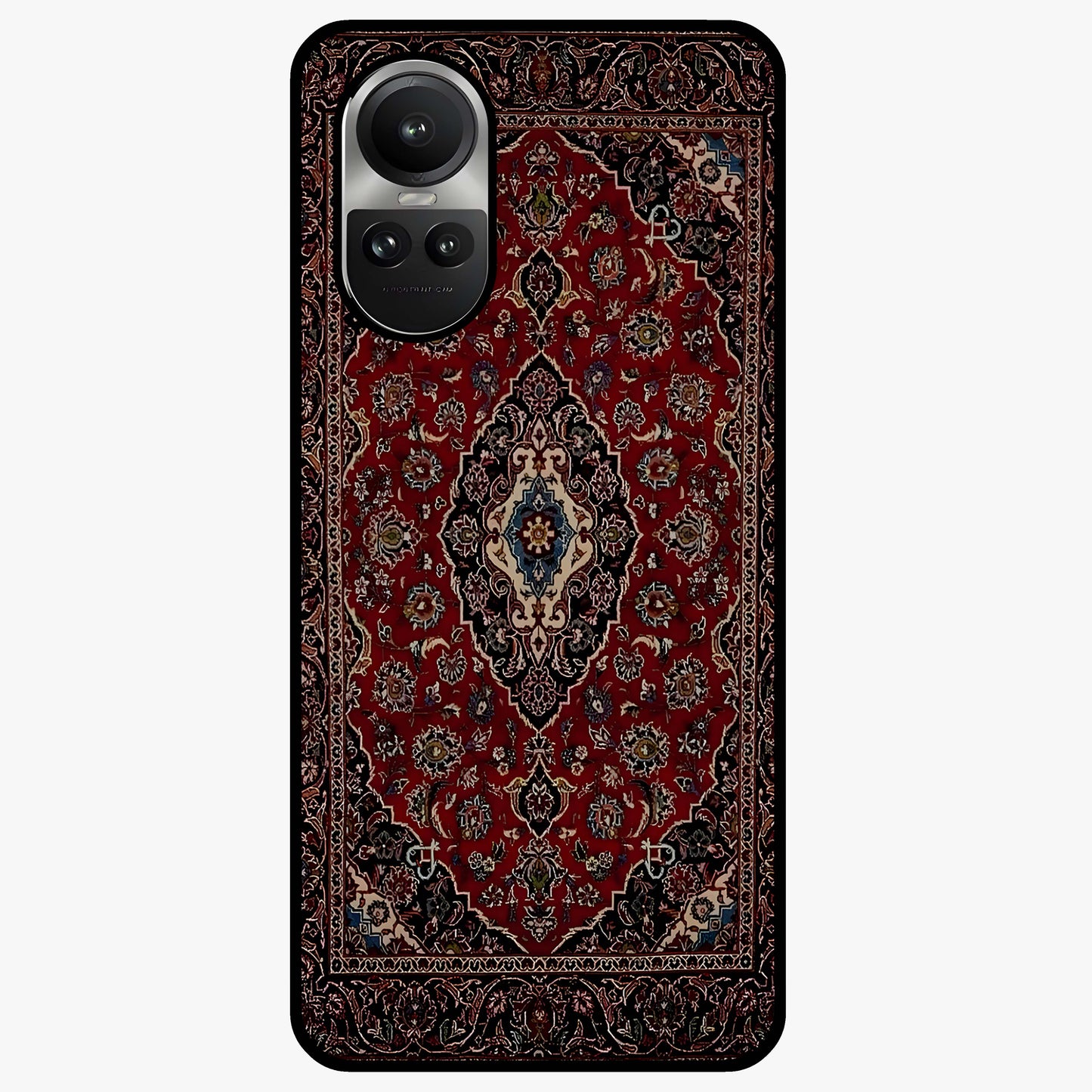 Heritage Carpet Royale Glass Case showing flat back view with ornate Persian carpet inspired pattern and glossy glass finish.