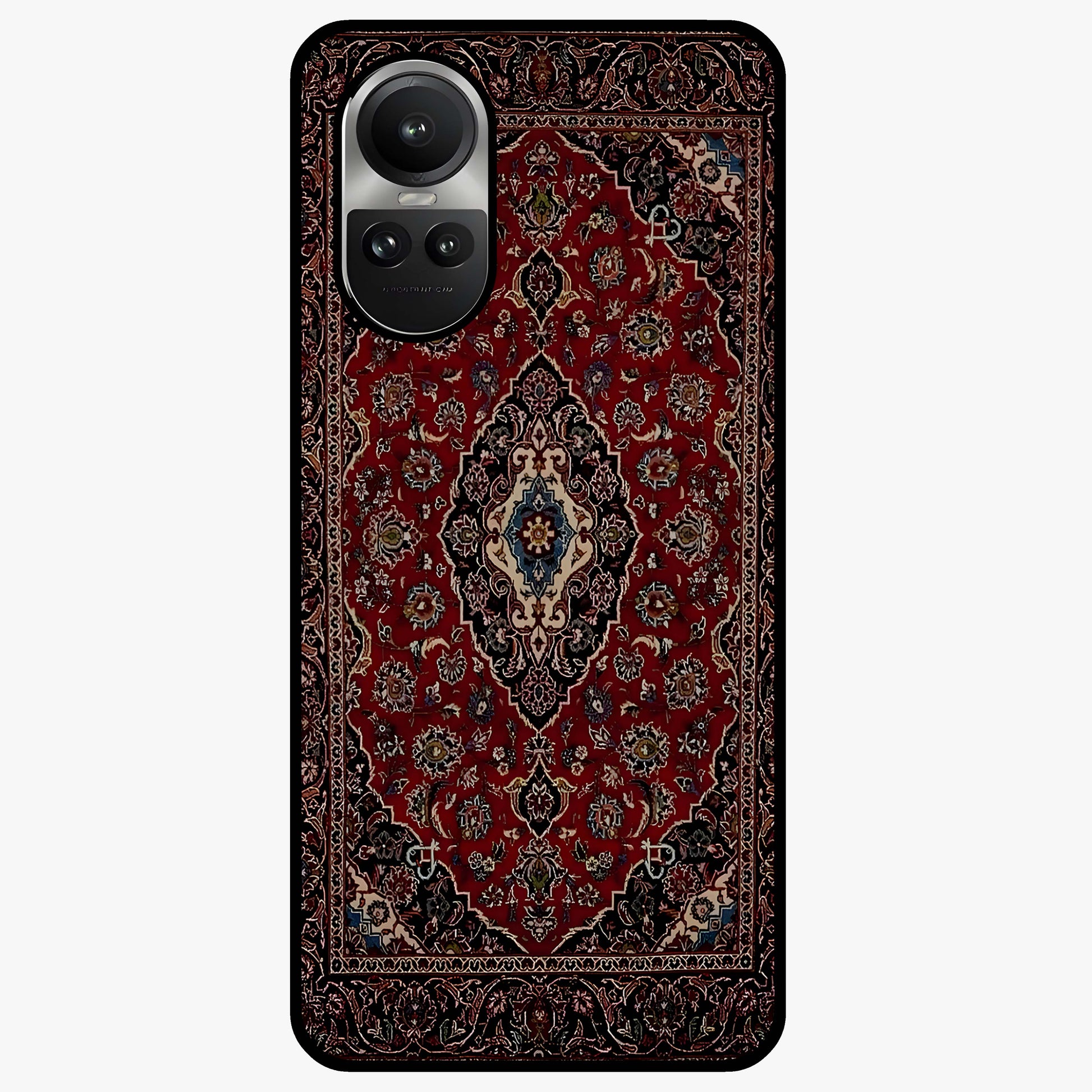 Heritage Carpet Royale Glass Case showing flat back view with ornate Persian carpet inspired pattern and glossy glass finish.