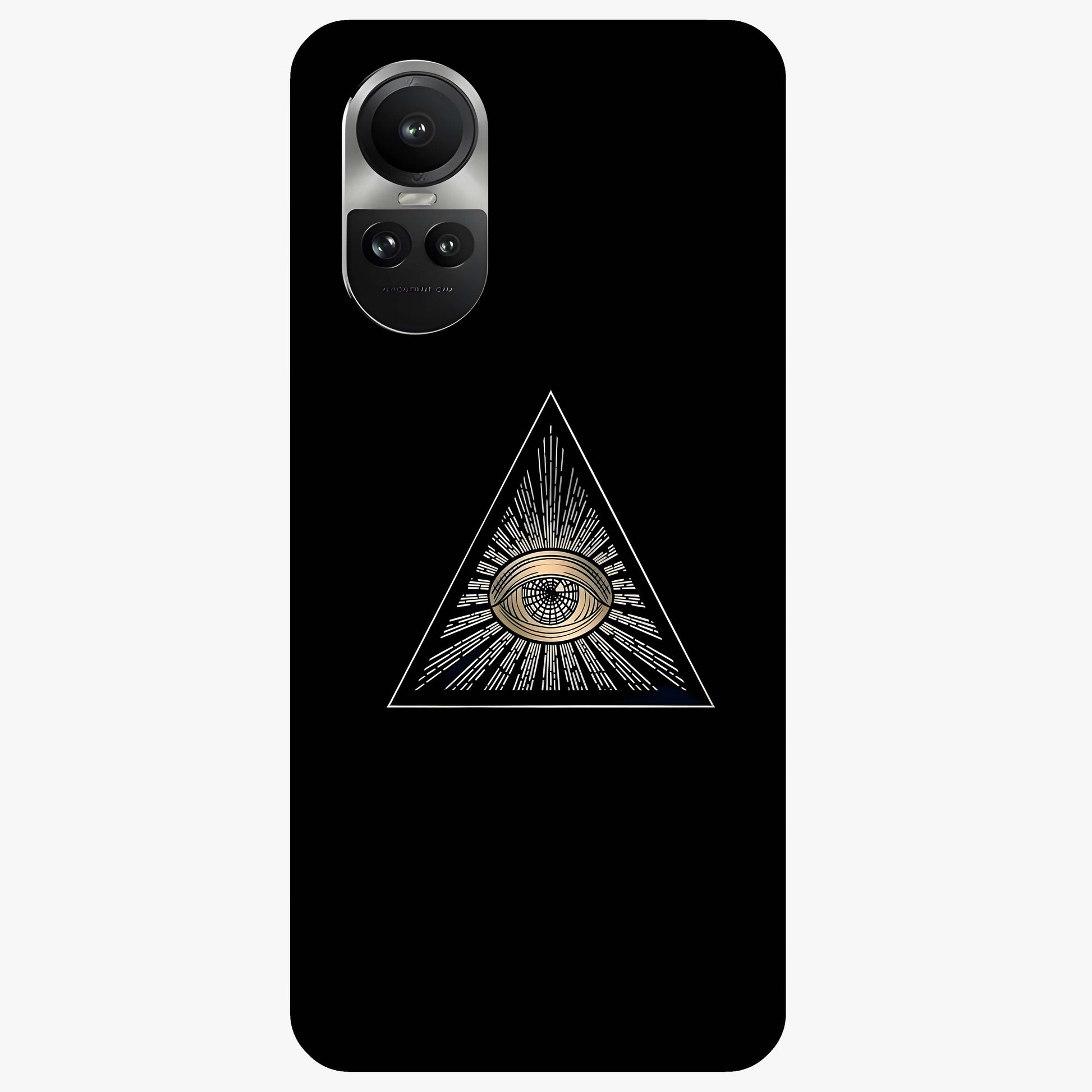 Illuminati Evil Glass Case showing flat back view with mysterious illuminati symbol artwork and glossy glass finish.