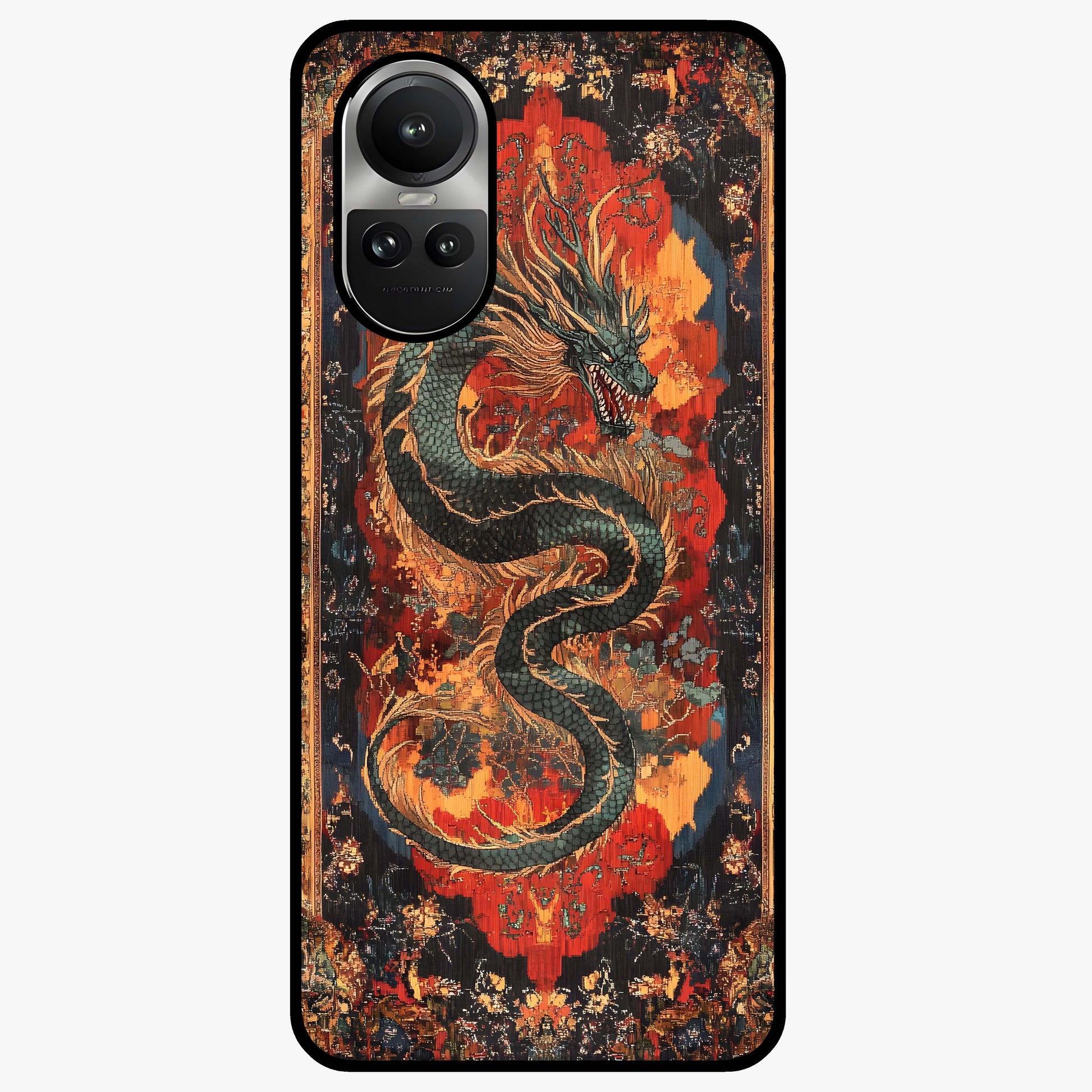 Inferno Dragon Soul Glass Case showing flat back view with fiery dragon artwork and glossy glass finish.