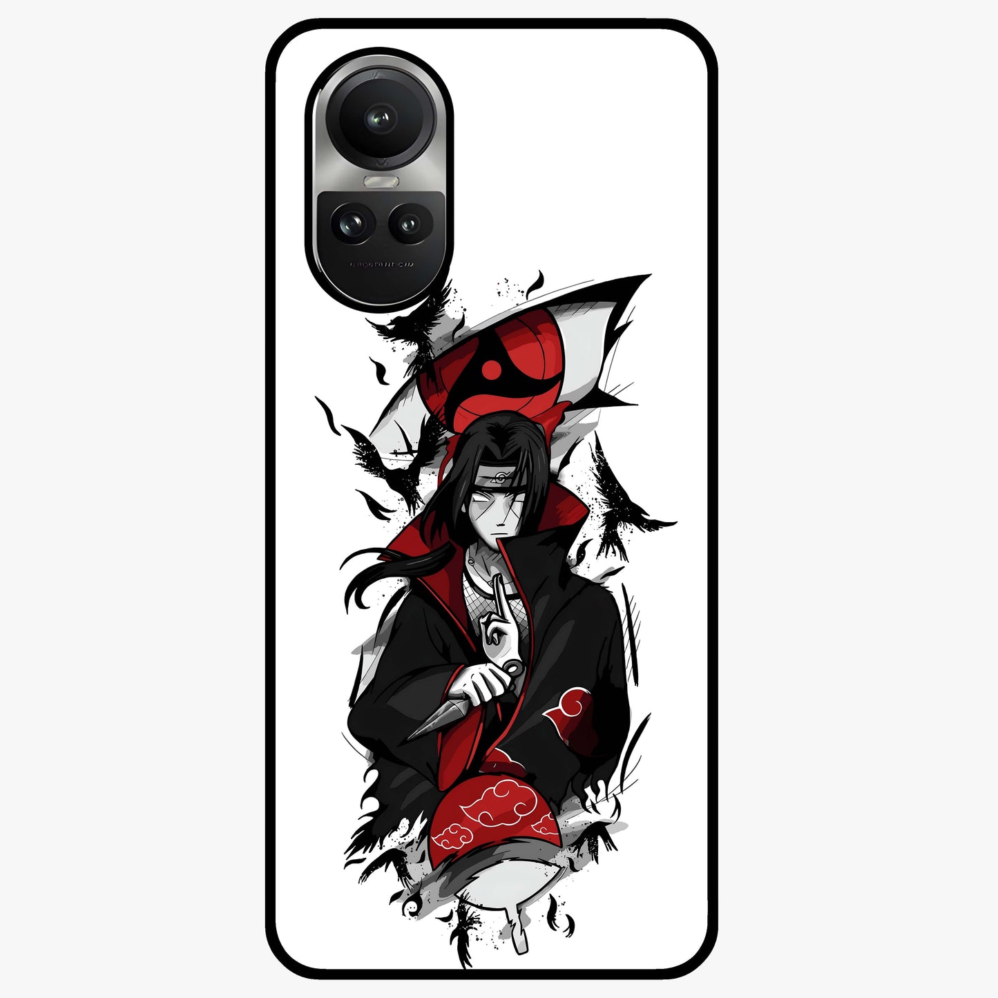 Itachi Sharingan Glass Case showing flat back view with powerful anime eye artwork and glossy glass finish.