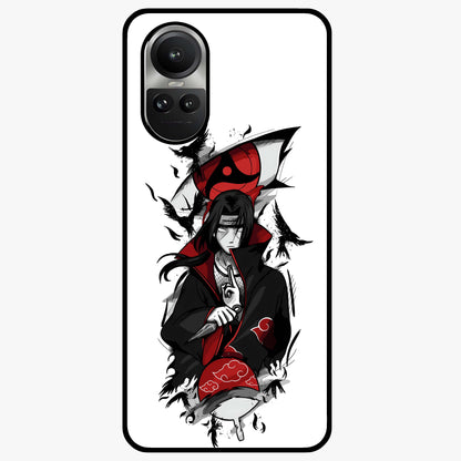 Itachi Sharingan Glass Case showing flat back view with powerful anime eye artwork and glossy glass finish.