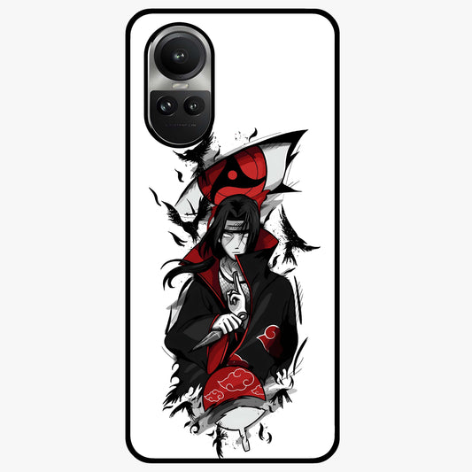 Itachi Sharingan Glass Case showing flat back view with powerful anime eye artwork and glossy glass finish.