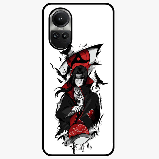 Itachi Sharingan Glass Case showing flat back view with powerful anime eye artwork and glossy glass finish.