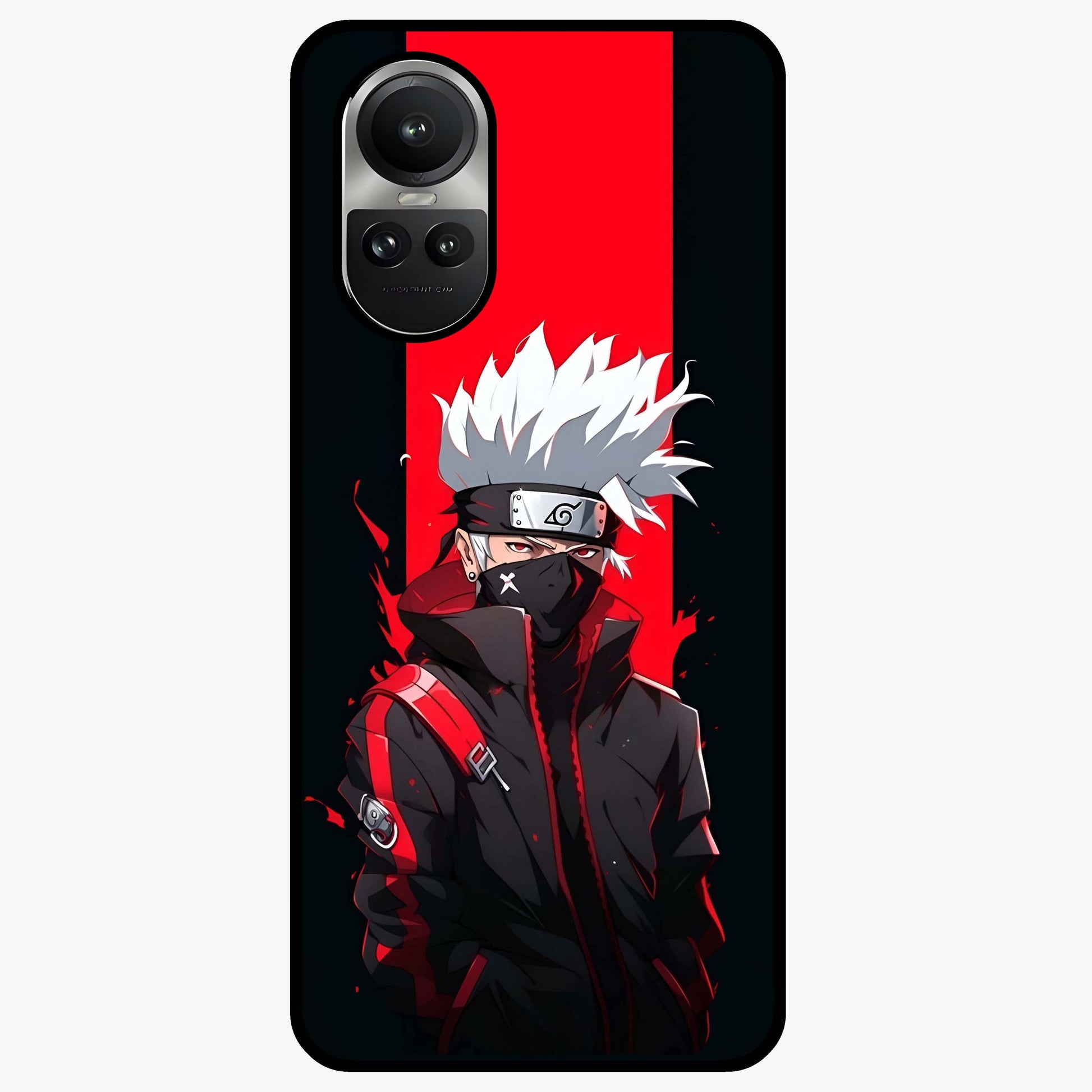 Kakashi Scarlet Shadow Glass Case showing flat back view with powerful anime ninja artwork and glossy glass finish.