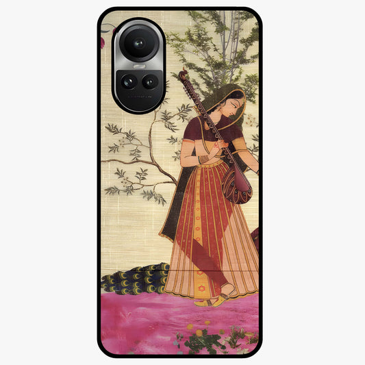 Lady With Veena Art Glass Case showing flat back view with elegant woman playing veena artwork and glossy glass finish.