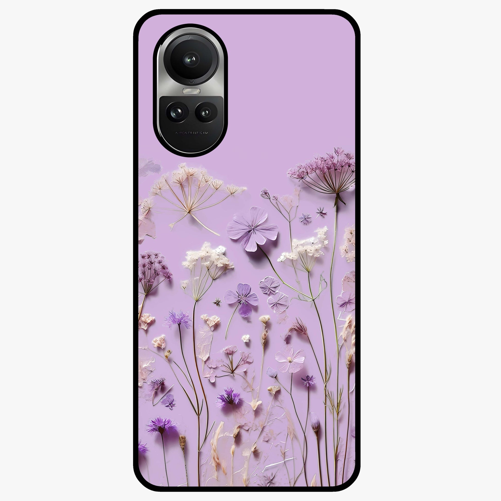 Lavender Blossom Dream Glass Case showing flat back view with soft lavender floral artwork and glossy glass finish.