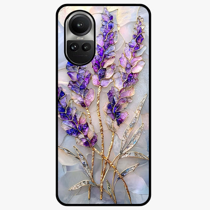 Lavender Dream Glow Glass Case showing flat back view with glowing lavender aesthetic artwork and glossy glass finish.