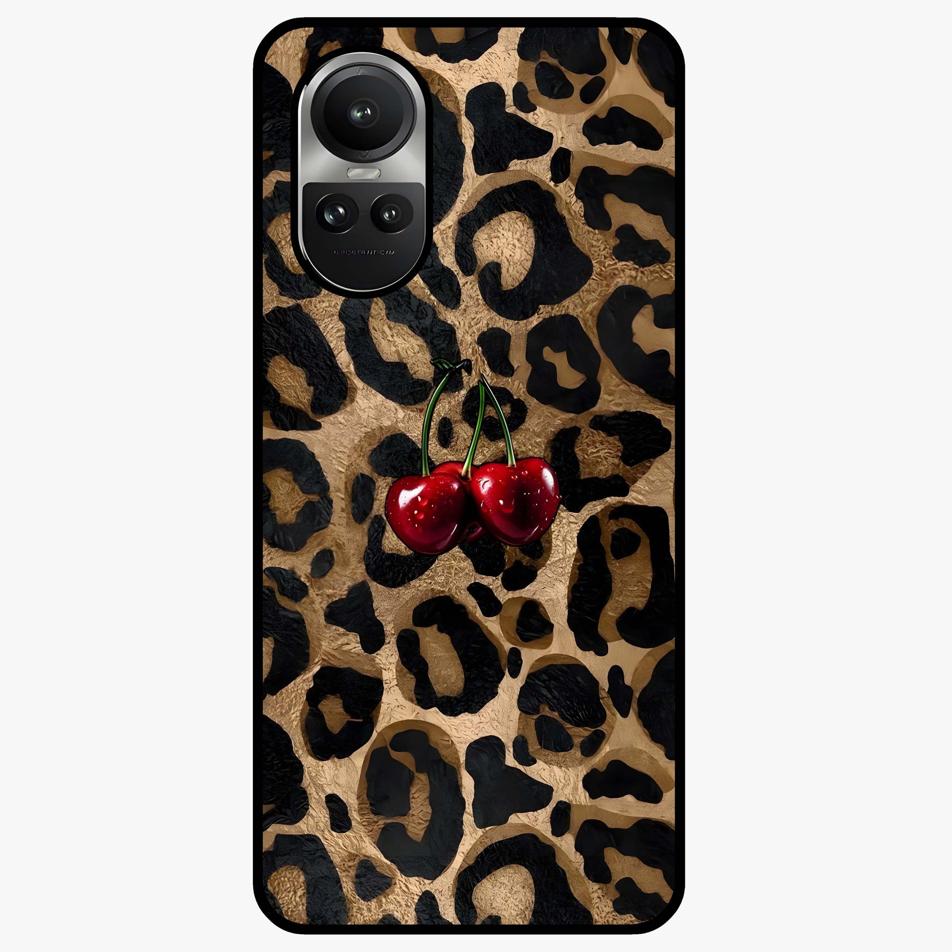 Leopard Wild Cherry Glass Case showing flat back view with leopard pattern and cherry artwork and glossy glass finish.