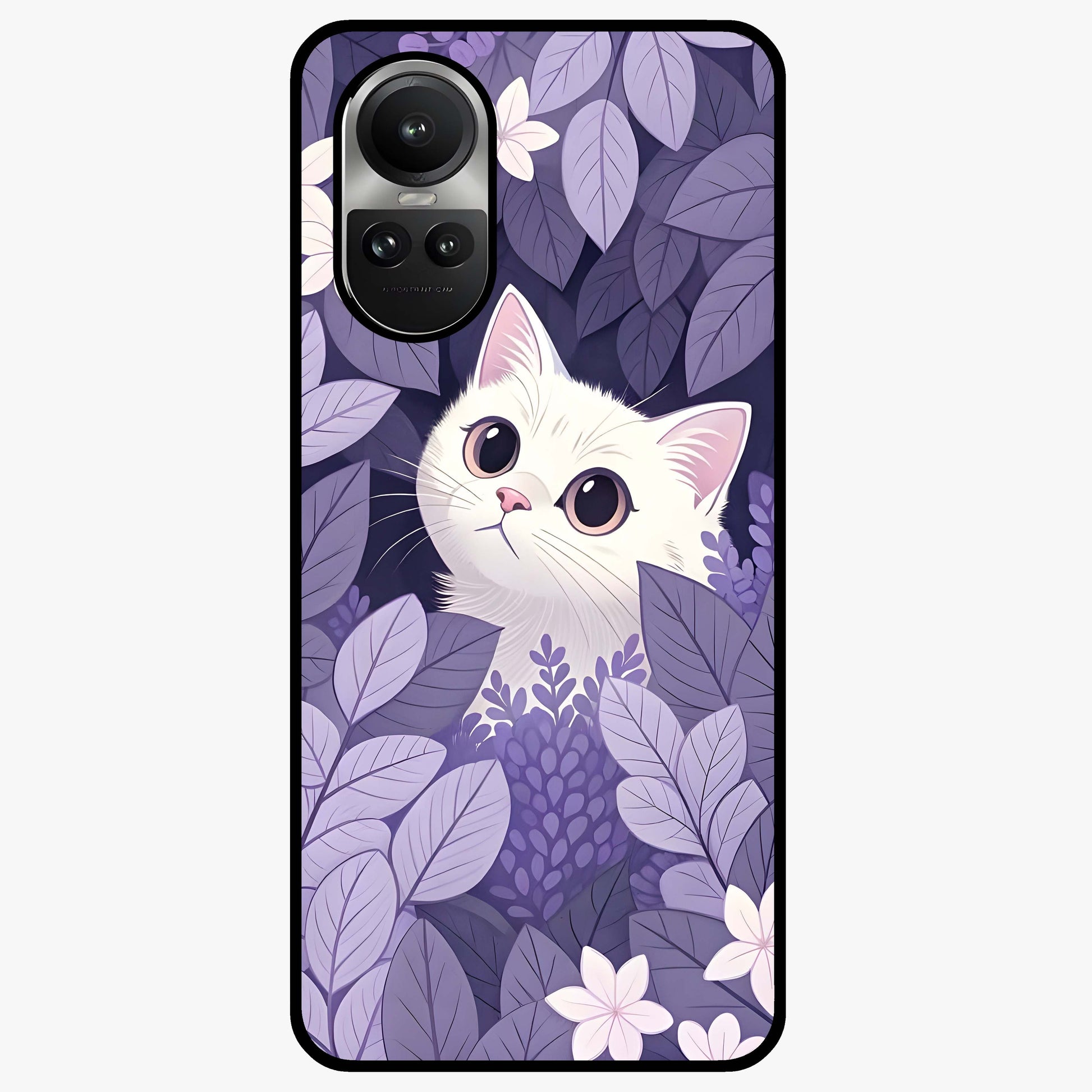 Lilac Hide Peek Cat Glass Case showing flat back view with cute peeking cat artwork and glossy glass finish.