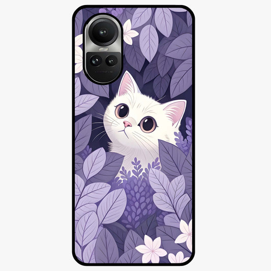 Lilac Hide Peek Cat Glass Case showing flat back view with cute peeking cat artwork and glossy glass finish.