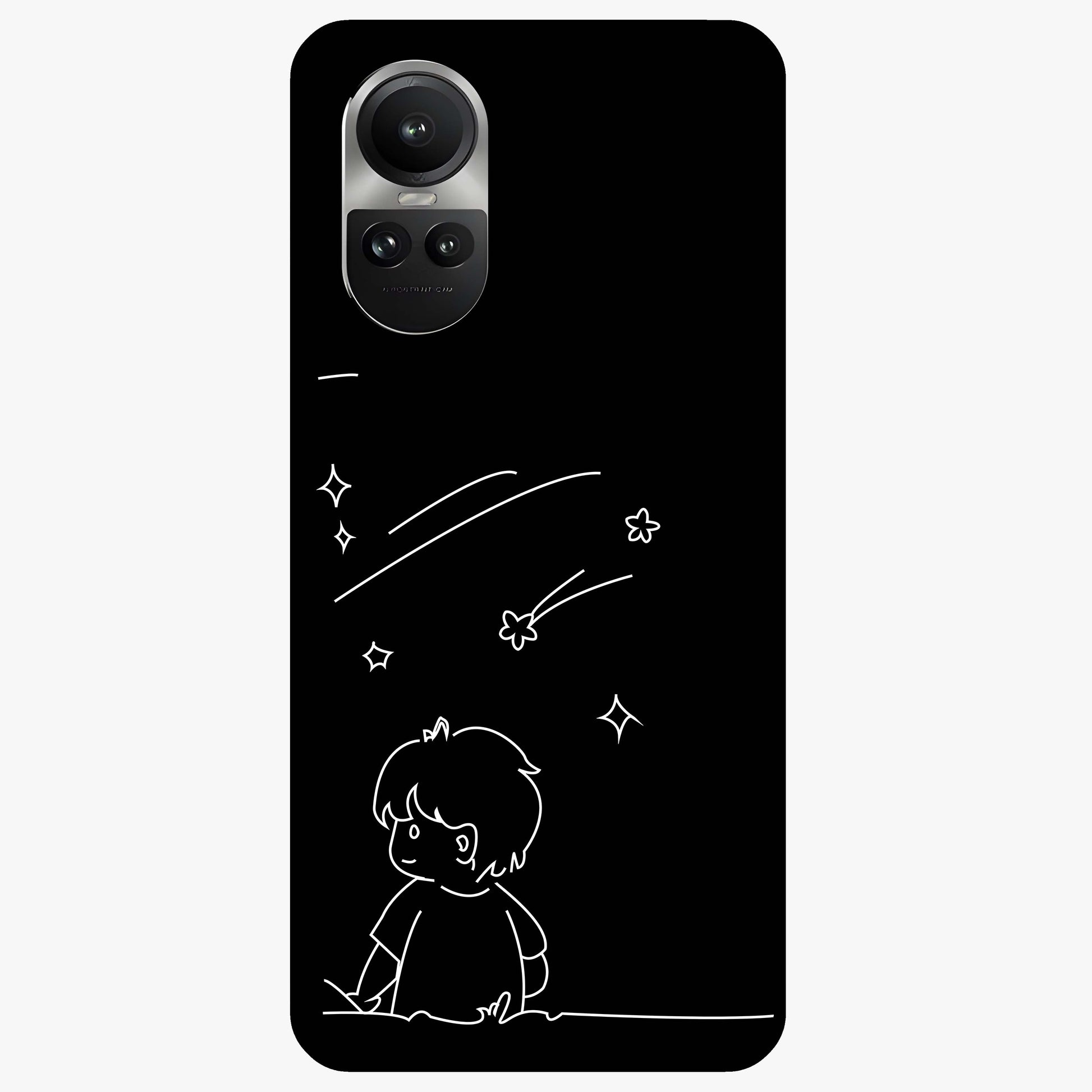 Line Art Boy With Shooting Stars Glass Case showing flat back view with minimal line art boy and shooting stars illustration and glossy glass finish.