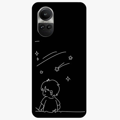 Line Art Boy With Shooting Stars Glass Case showing flat back view with minimal line art boy and shooting stars illustration and glossy glass finish.