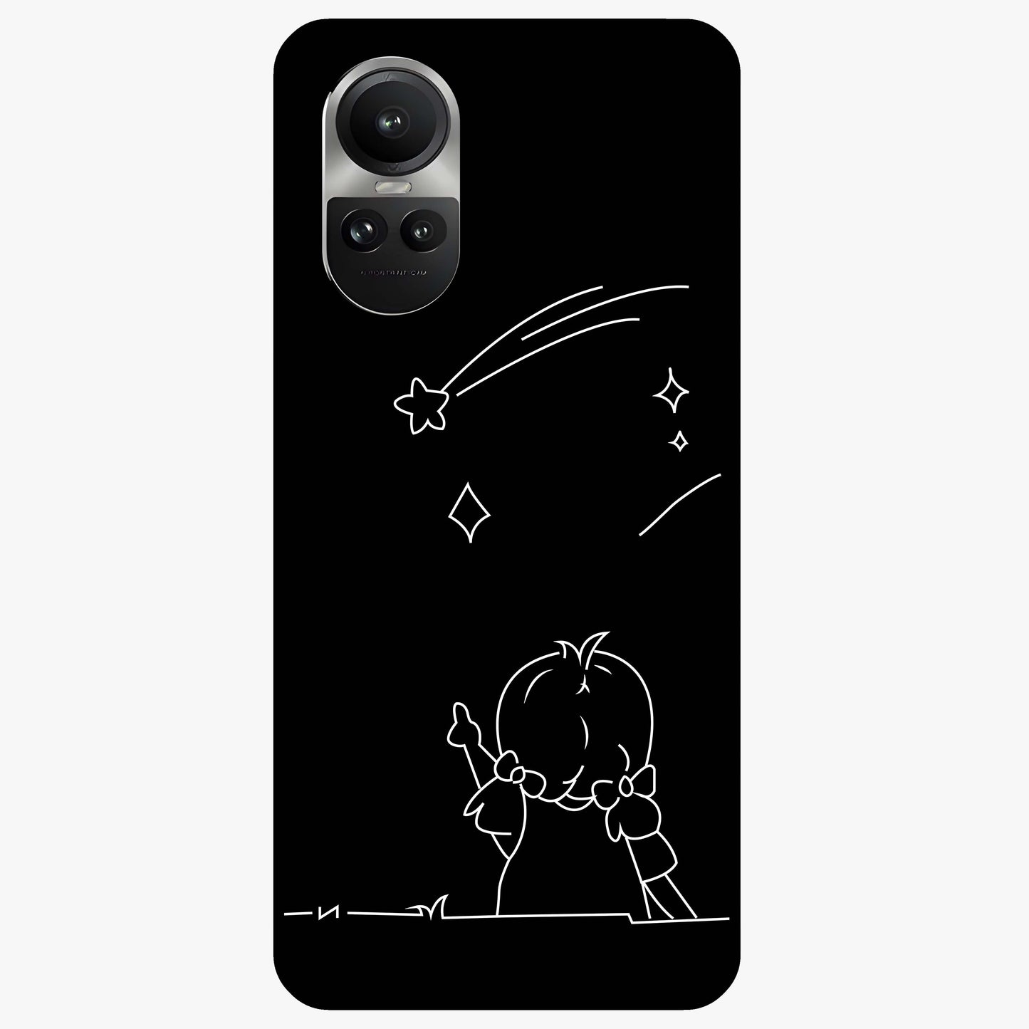 Line Art Girl With Shooting Stars Glass Case showing flat back view with minimal line art girl and shooting stars illustration and glossy glass finish.