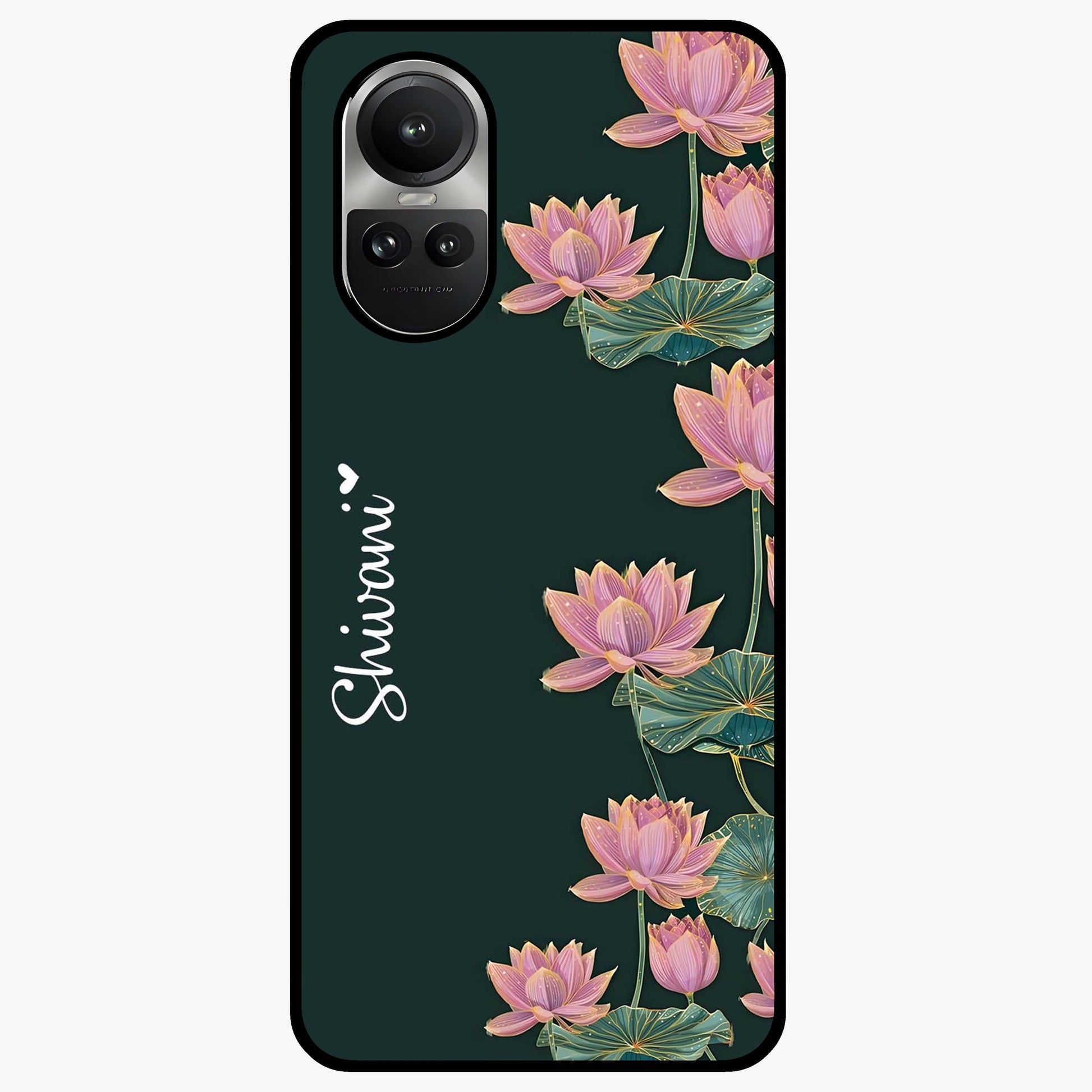Lotus Bloom Serenity Custom Name Glass Case showing flat back view with elegant lotus flower artwork and personalized name design.
