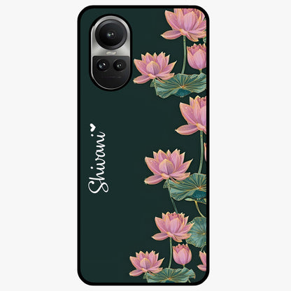Lotus Bloom Serenity Custom Name Glass Case showing flat back view with elegant lotus flower artwork and personalized name design.