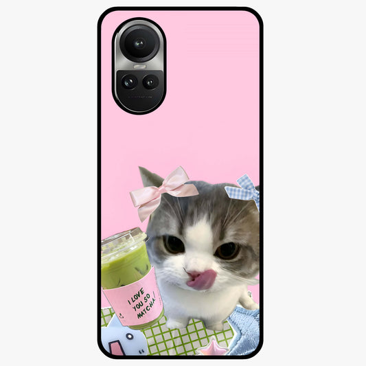 Love Matcha Cat Glass Case showing flat back view with cute cat and matcha themed artwork and glossy glass finish.