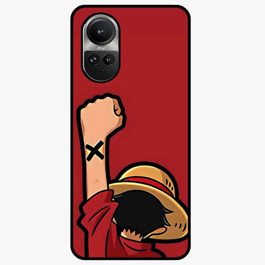 Luffy X Spirit Glass Case showing flat back view with bold anime character artwork and glossy glass finish.