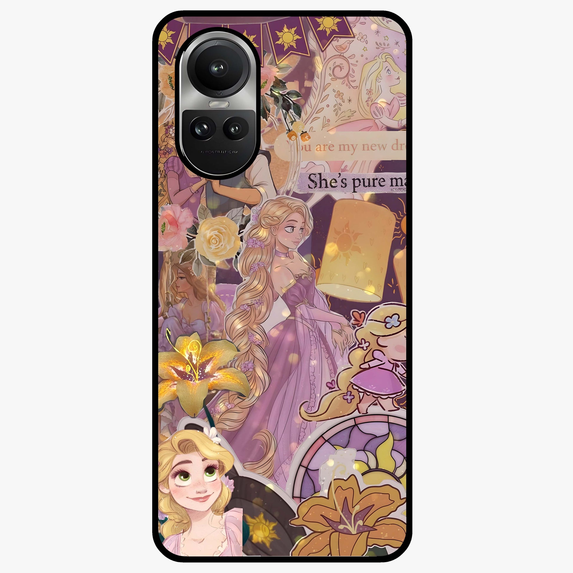 Magical Tangled Dream Glass Case showing flat back view with dreamy tangled artwork and glossy glass finish.