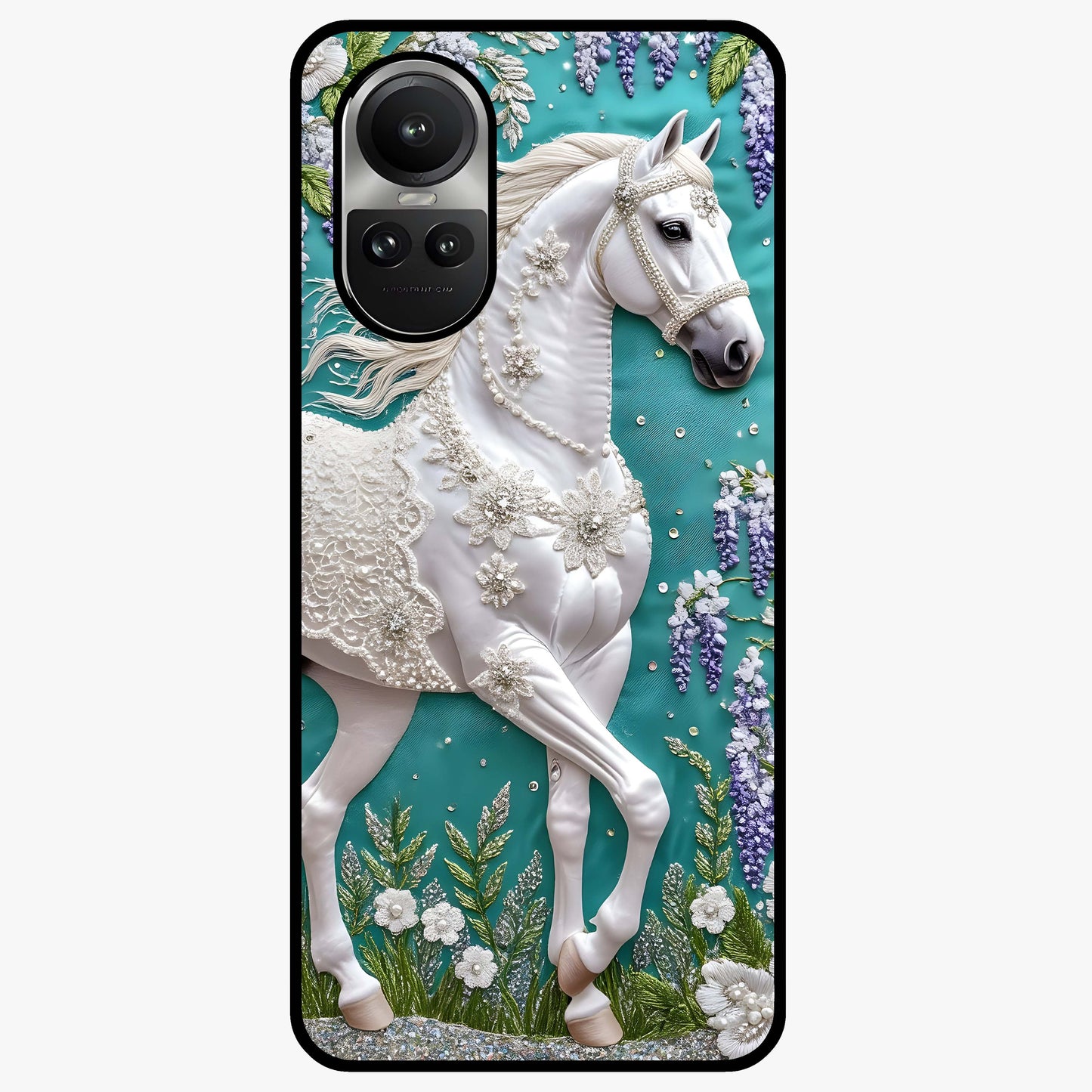 Majestic Floral Stallion Glass Case showing flat back view with powerful horse and floral artwork and glossy glass finish.