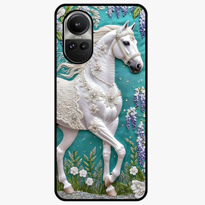 Majestic Floral Stallion Glass Case showing flat back view with powerful horse and floral artwork and glossy glass finish.