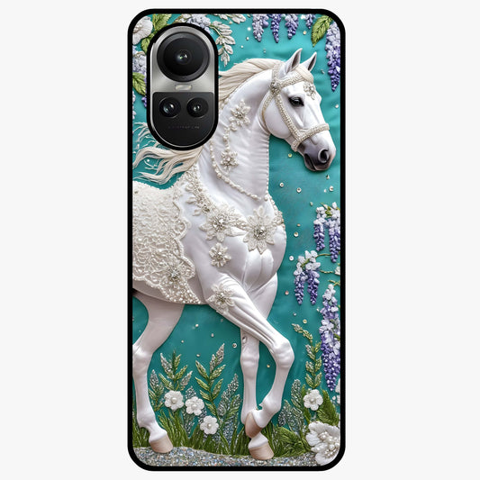 Majestic Floral Stallion Glass Case showing flat back view with powerful horse and floral artwork and glossy glass finish.