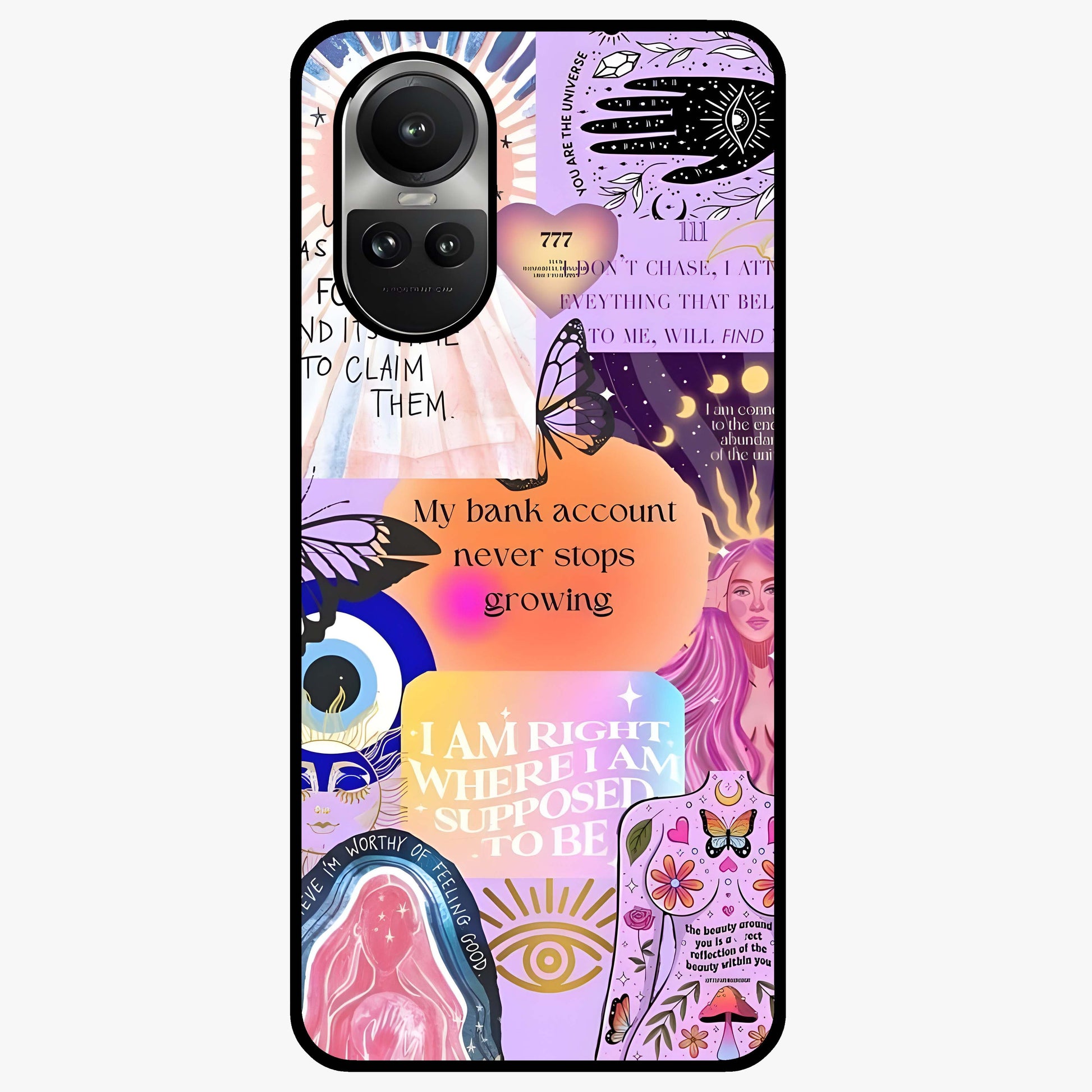 Manifestation Collage Glass Case showing flat back view with motivational collage artwork and glossy glass finish.