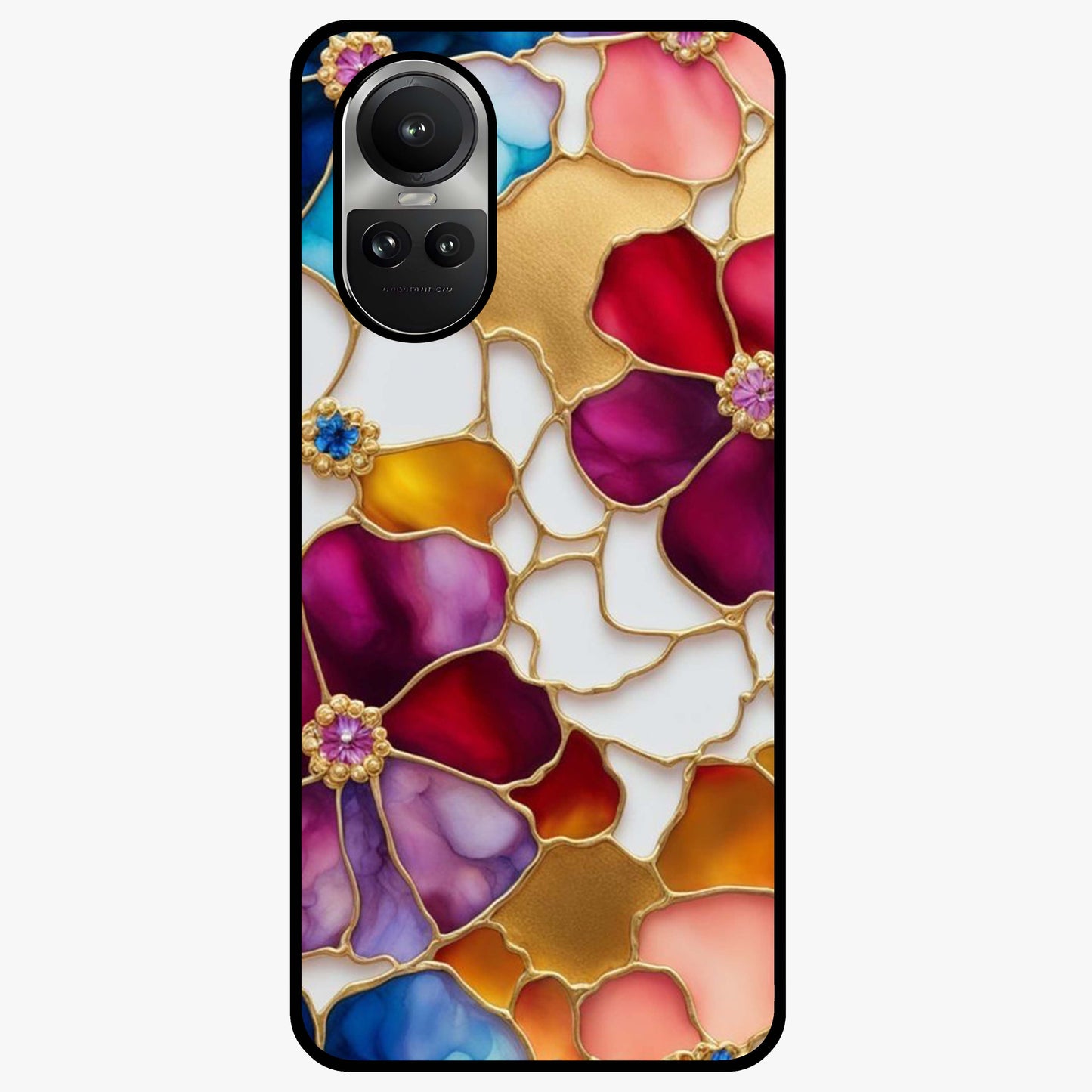 Marble Flower Pattern Glass Case showing flat back view with marble texture floral artwork and glossy glass finish.
