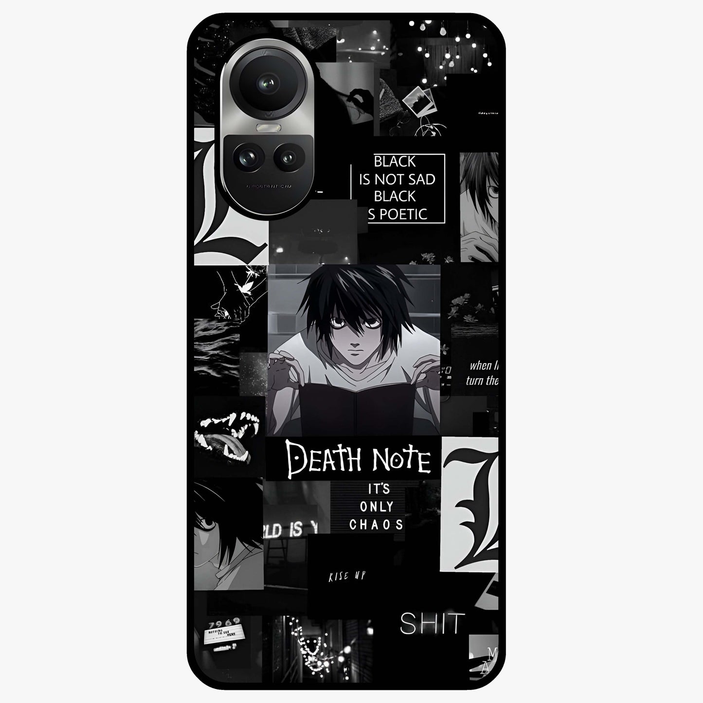 Midnight Chaos Mind Glass Case showing flat back view with abstract dark themed artwork and glossy glass finish.