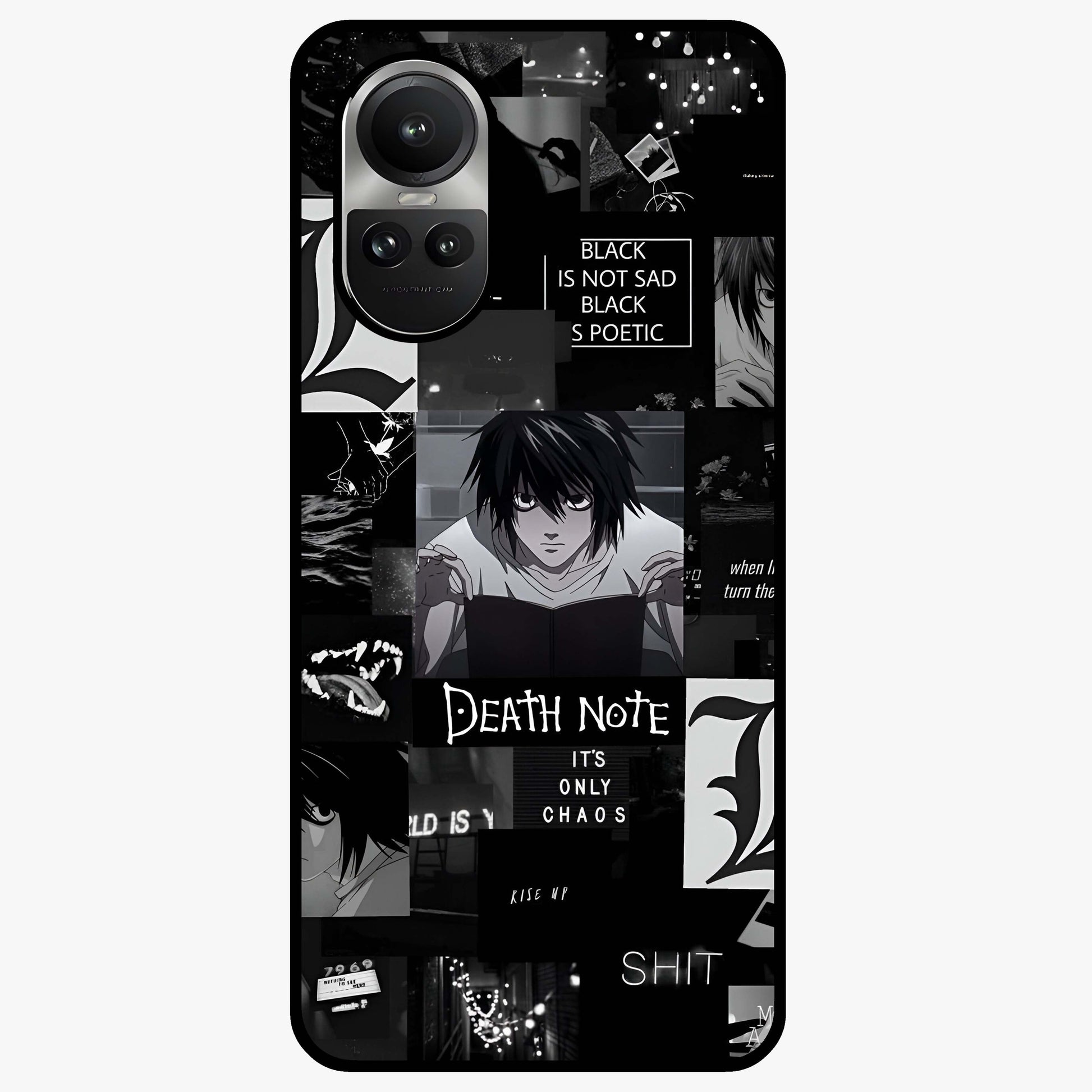 Midnight Chaos Mind Glass Case showing flat back view with abstract dark themed artwork and glossy glass finish.
