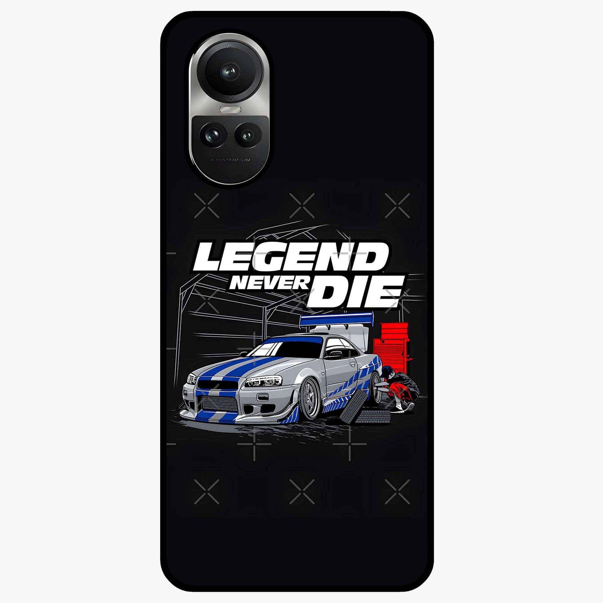 Midnight Racing Legacy Glass Case showing flat back view with sleek racing inspired artwork and glossy glass finish.