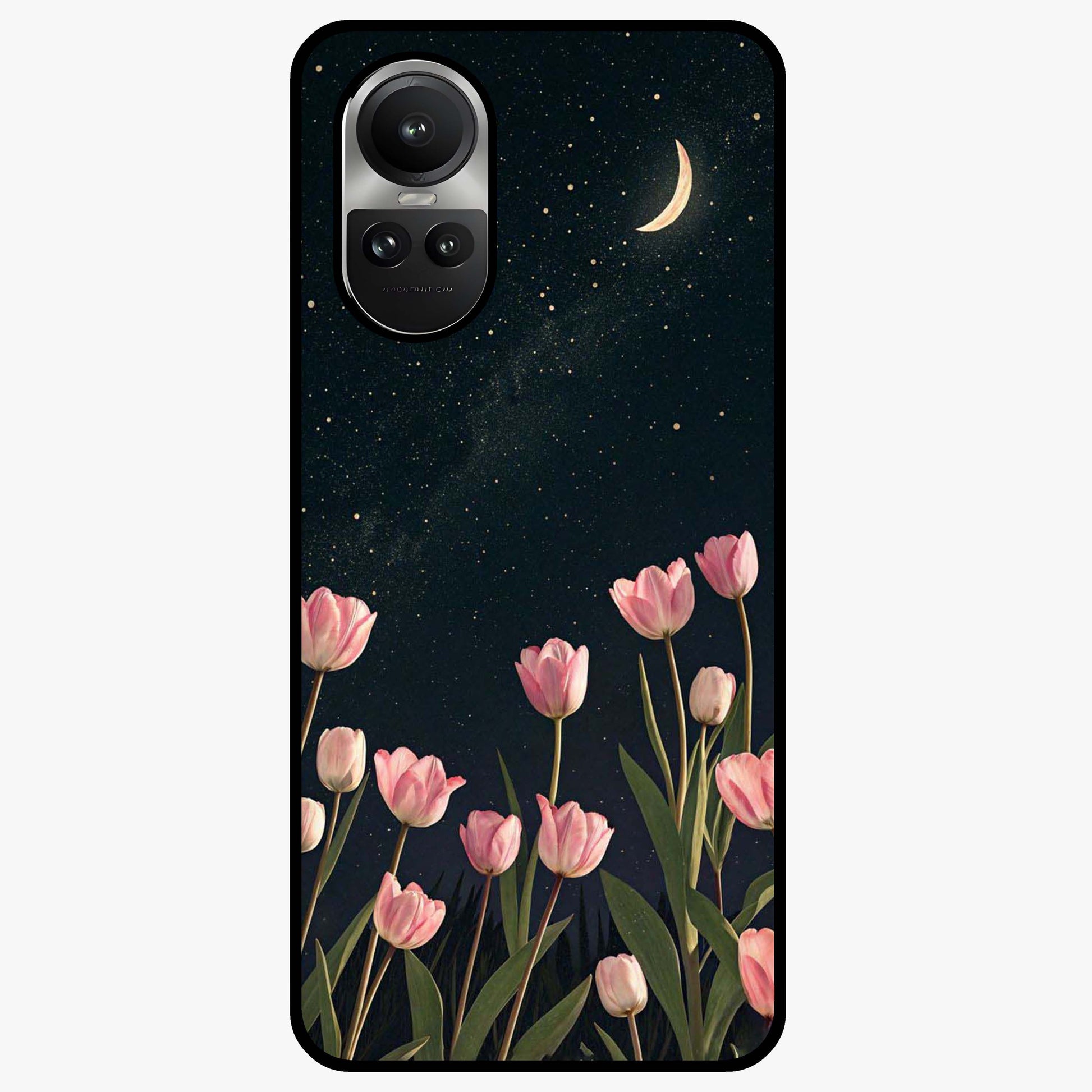 Midnight Tulip Whispers Vibe Glass Case showing flat back view with elegant tulip flower artwork and glossy glass finish.