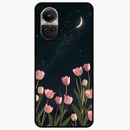 Midnight Tulip Whispers Vibe Glass Case showing flat back view with elegant tulip flower artwork and glossy glass finish.
