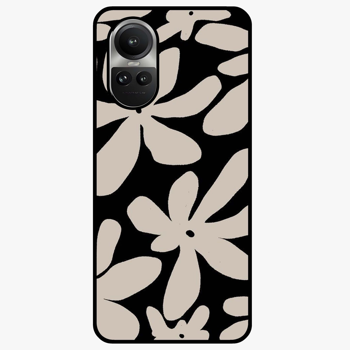 Monochrome Petal Dance Glass Case showing flat back view with monochrome floral artwork and glossy glass finish.