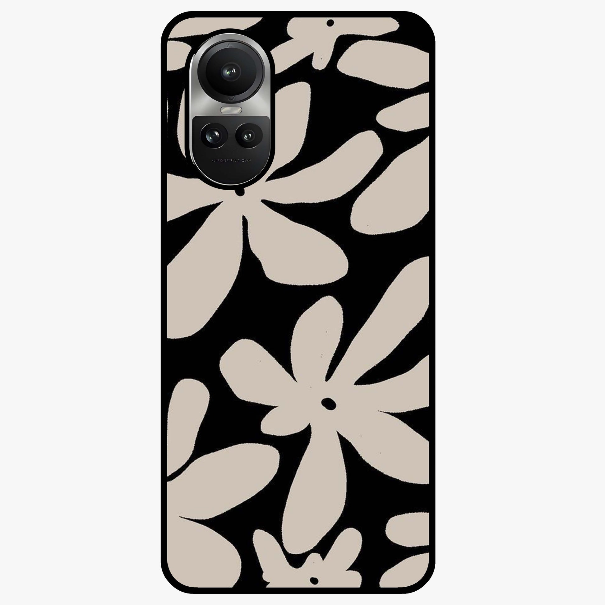 Monochrome Petal Dance Glass Case showing flat back view with monochrome floral artwork and glossy glass finish.