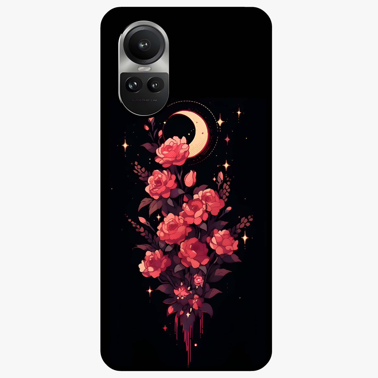 Moonlit Floral Elegance Glass Case showing flat back view with elegant floral artwork under moonlit tones and glossy glass finish.