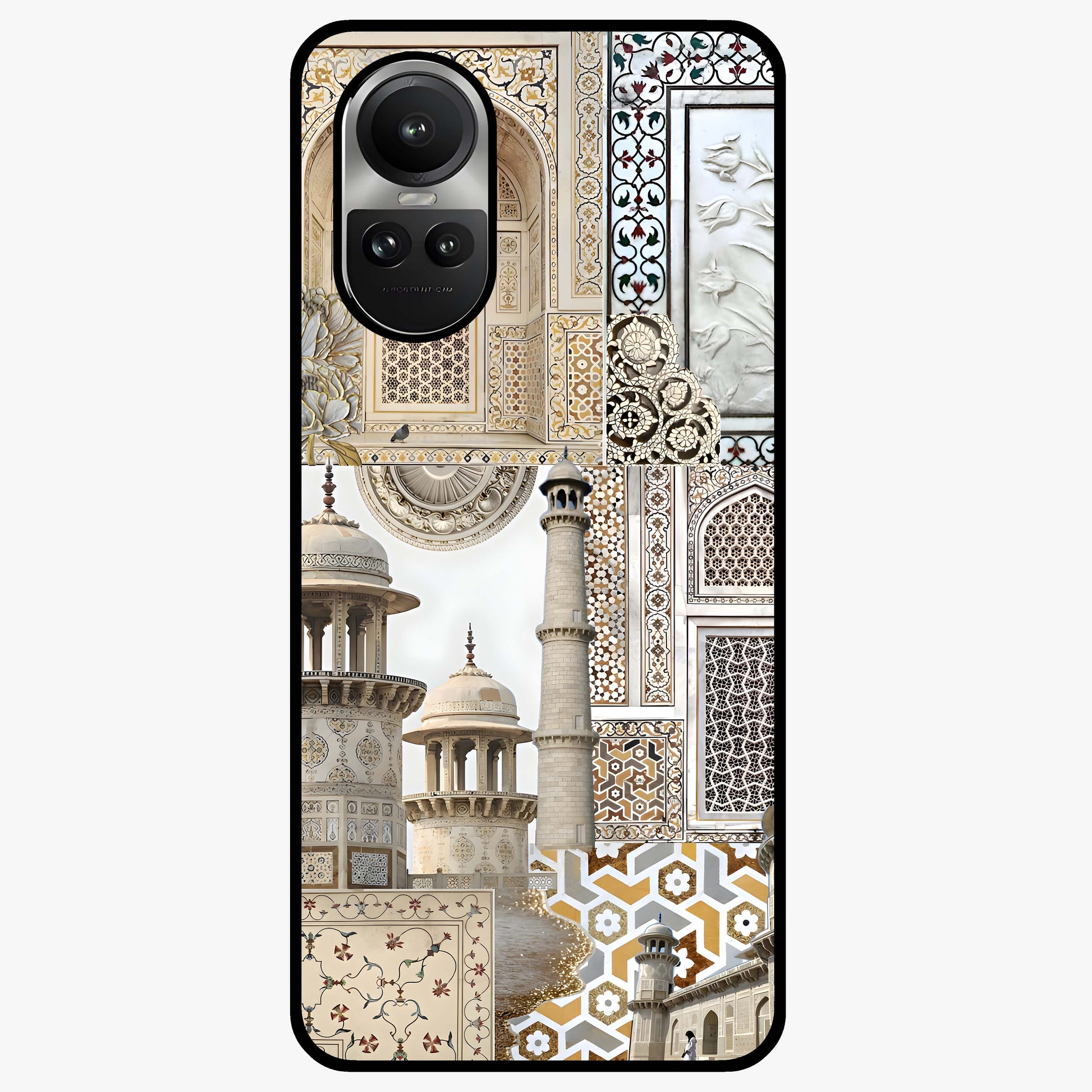 Mughal Marble Legacy Glass Case showing flat back view with intricate Mughal inspired marble pattern and glossy glass finish.