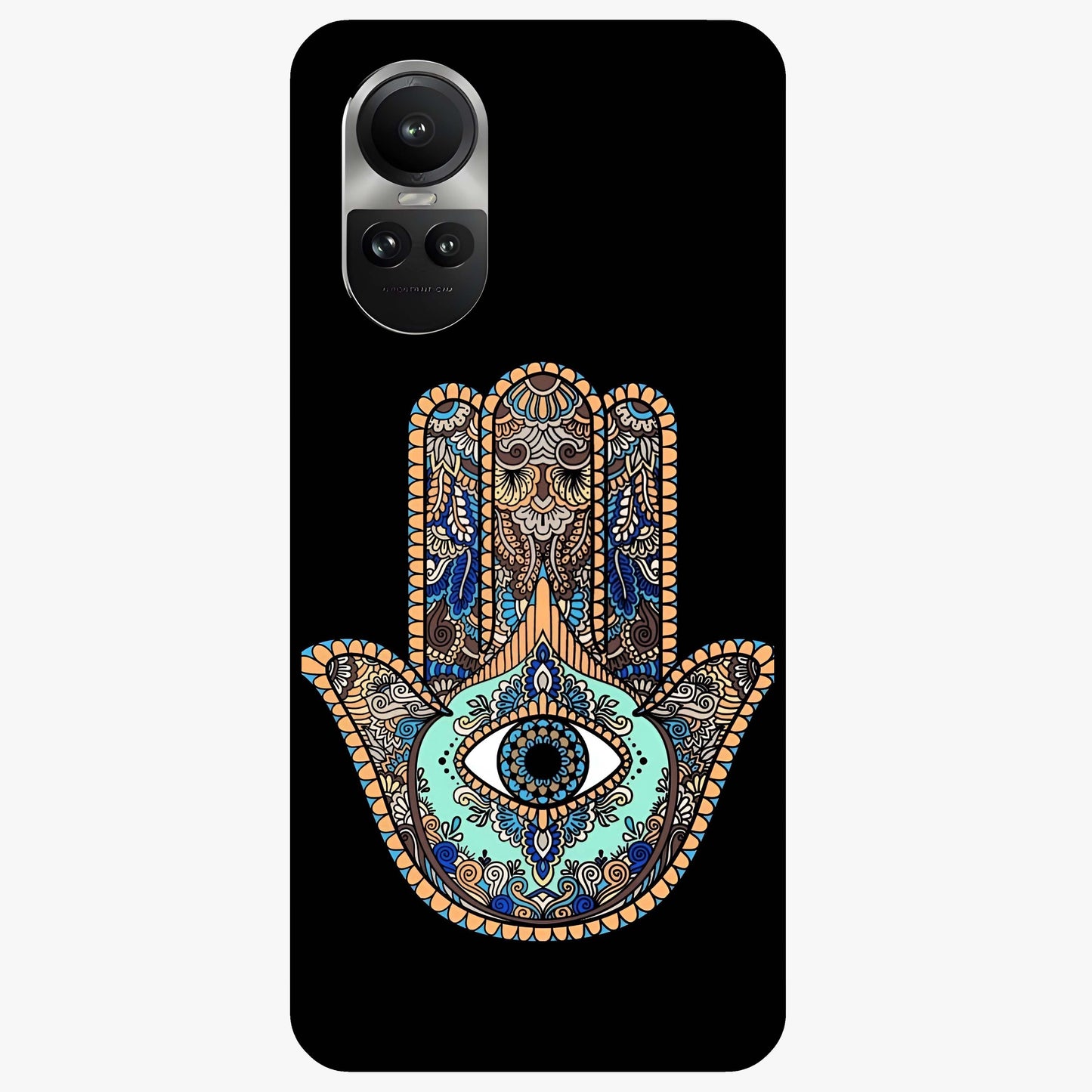 Mystic Hamsa Eye Glass Case showing flat back view with protective hamsa hand and evil eye artwork and glossy glass finish.