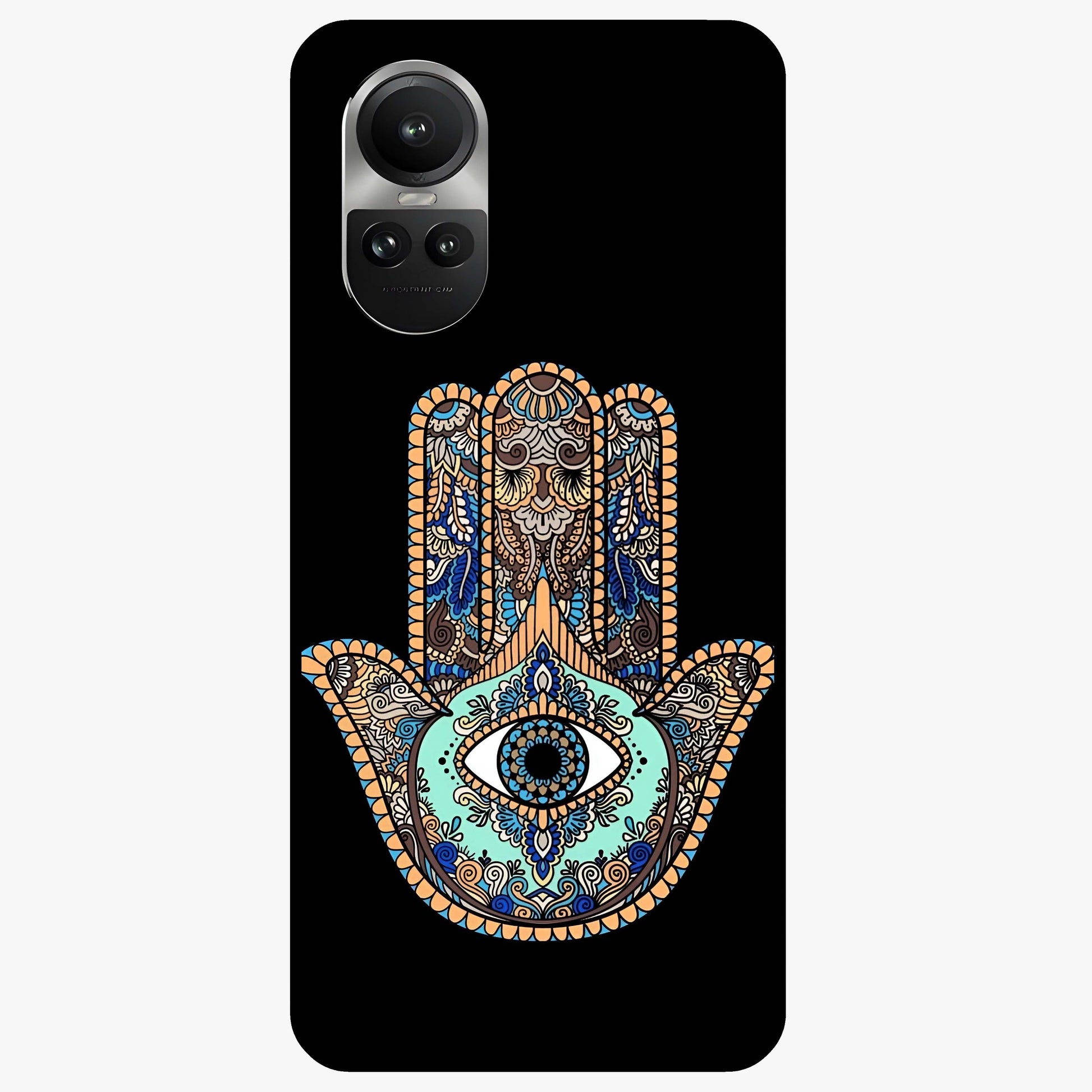 Mystic Hamsa Eye Glass Case showing flat back view with protective hamsa hand and evil eye artwork and glossy glass finish.